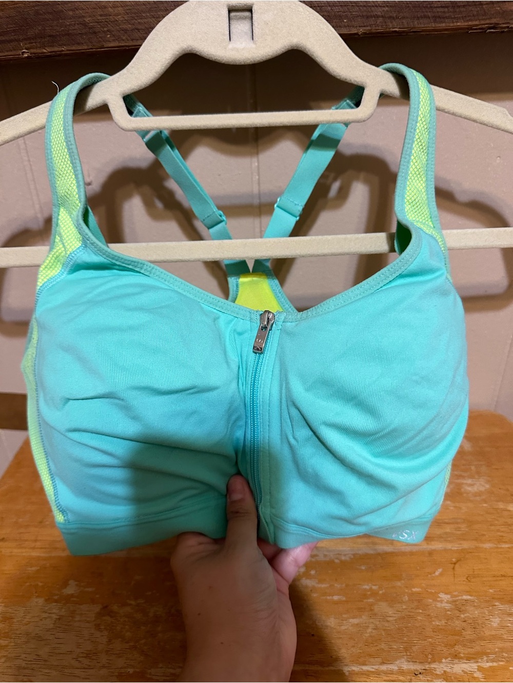 Victoria's Secret Aqua Teal Front-Zip Sport Top with Lime Accents